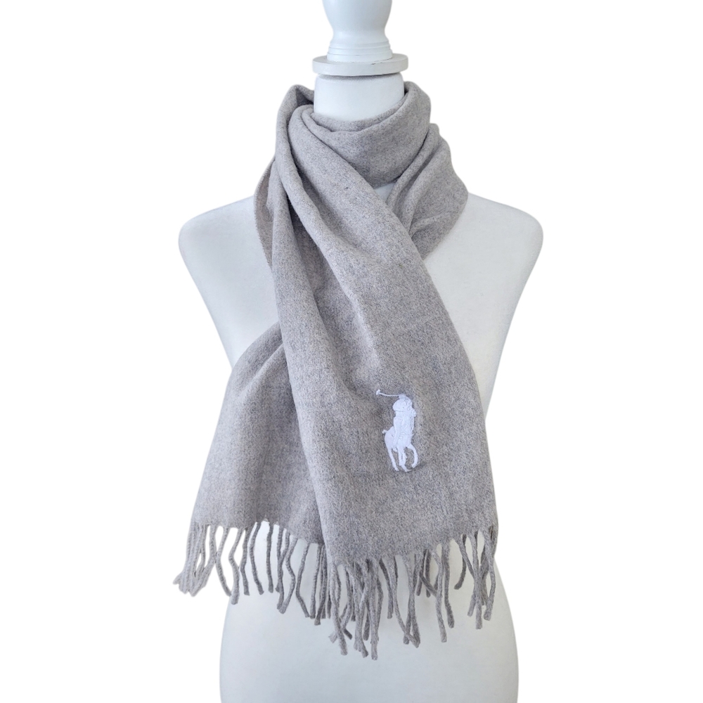 Polo Ralph Lauren 100% Lambs Wool Big Pony Scarf Gray W Fringe